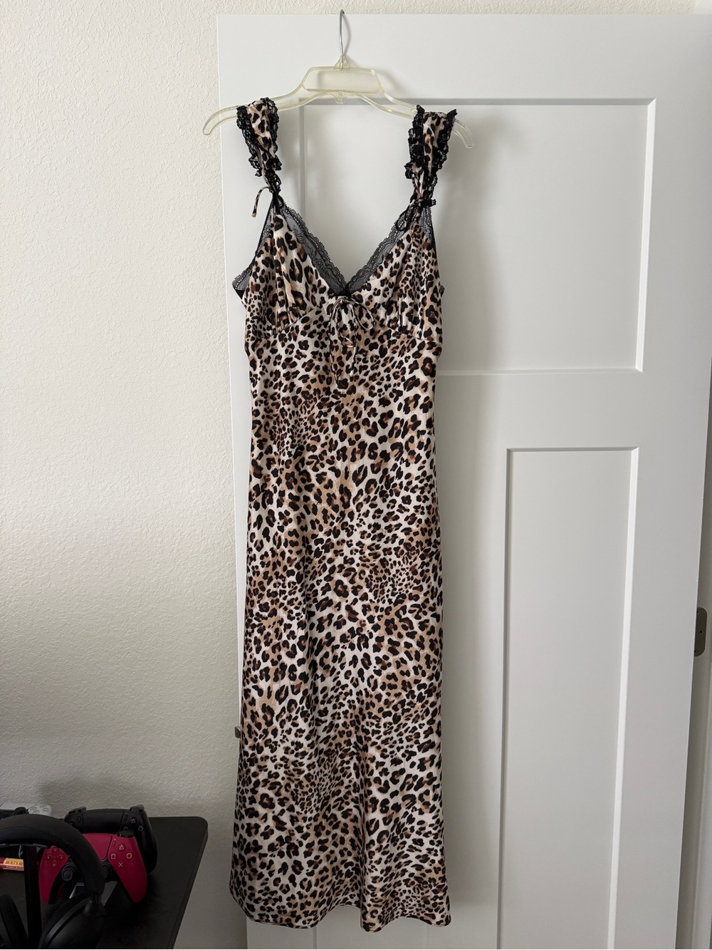 Astr Leopard Print Satin Slip Dress with Black Lace Trim